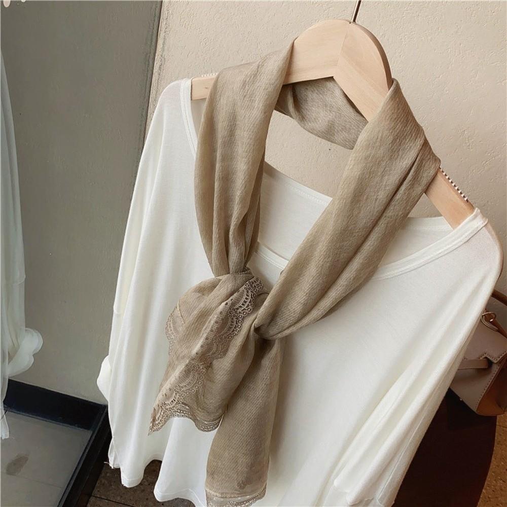 Solid Color Cotton Linen Scarf Lace Edge Silk Scarf Literary Flaxen Lace Scarf for Women