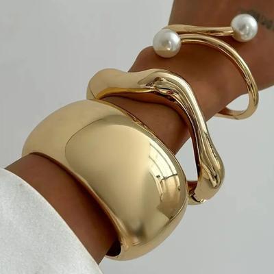 DIEZI Exaggerated Chunky Cuff Wide Bangles Punk Geometric Imitation Pearl Gold Color Heavy Metal Bangles For Women Men Bracelets