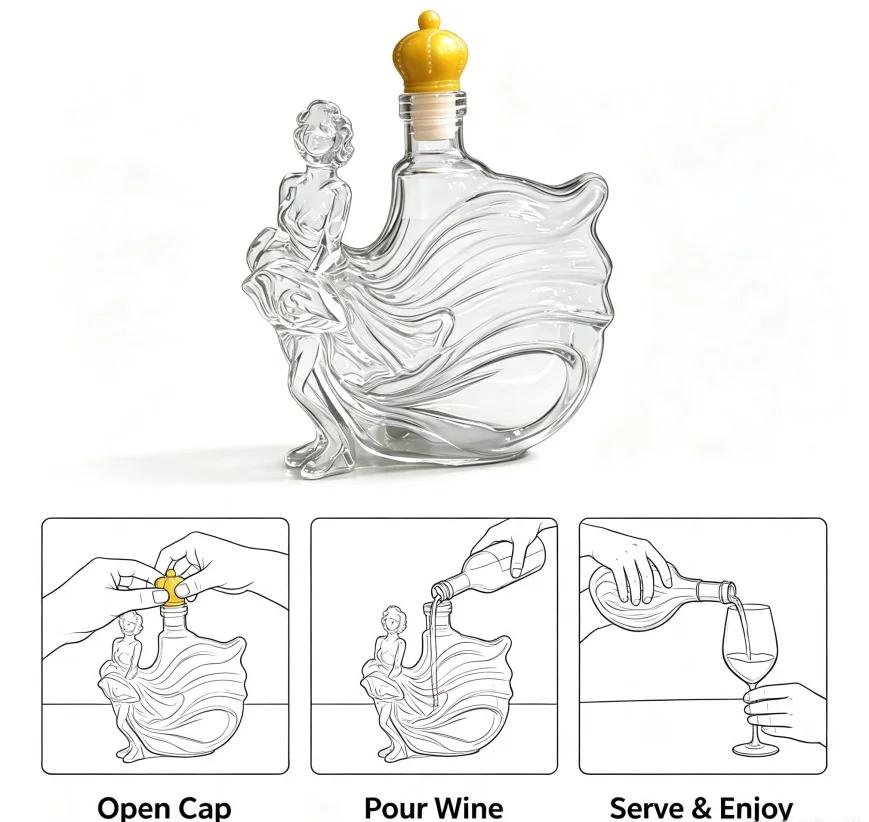 Unique Leakproof Glass Spirit Decanter Dancing Figure Crown Top Wine Whiskey Storage Bottle Special Housewarming Gift