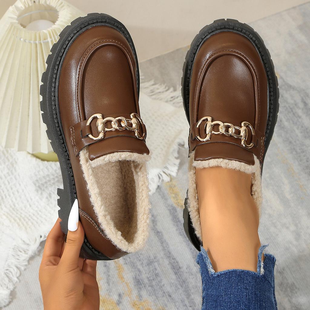 Mode Großer Britischer Stil Kleine Lederschuhe 2024 Winter Neu Mode mit Plüsch Loafer Baumwollschuhe für Damen
