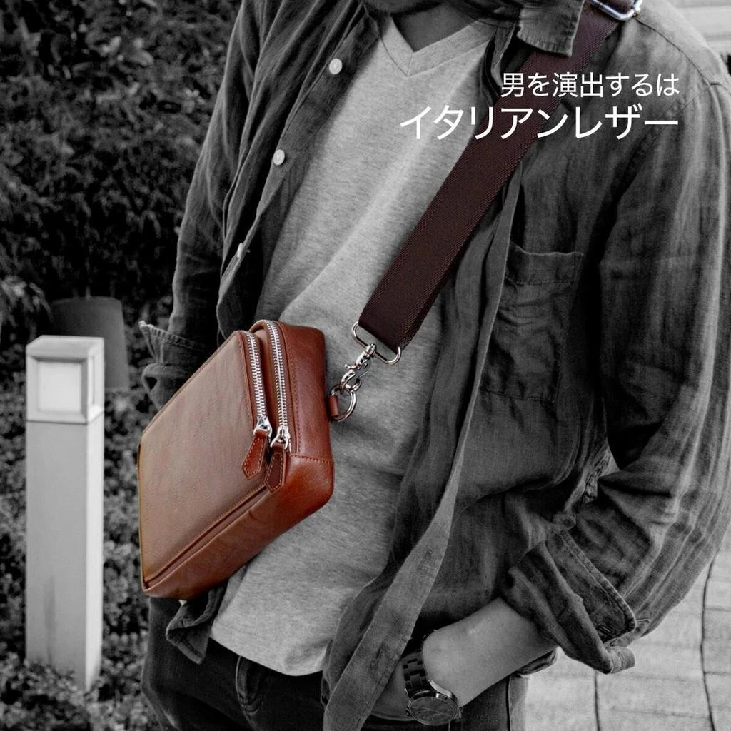 [Dom Teporna] Men's Body Bag, Genuine Italian Leather, Compact, 2-Way (Vertical, Horizontal, Front, Clutch, Shoulder, Crossbody), Dark Brown