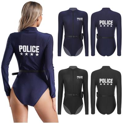 Déguisement de Policier Sale pour Femme S-4XL, Body Imprimé à Manches Longues avec Fermeture Éclair sur le Devant, Comprend une Ceinture & une Pochette Ensemble Uniforme