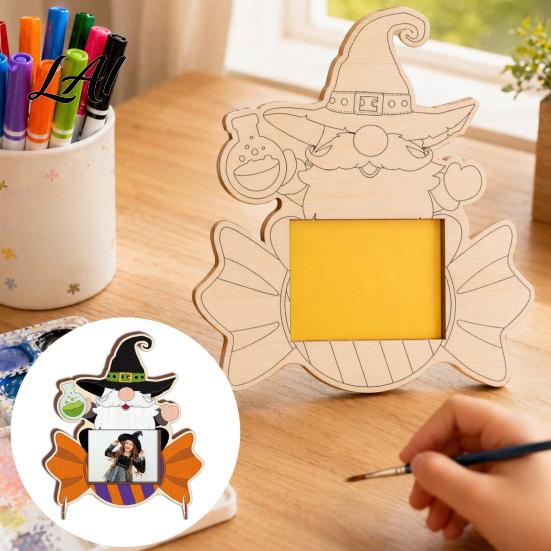 Unfinished Wood Pumpkin Decor DIY Photo Frame Wooden Halloween Picture Frame for Kids Crafts Party Activity Kit Hollow Tabletop Display Holiday Gift
