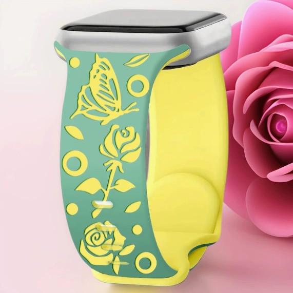 Two-Color Silicone Rose Flower Strap for Apple Watch (Series 1-10) - Floral Rose Carved Design