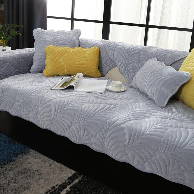 Quilted Leaves Thickened L Shape Sofa Cover Milk Velvet 4 Seater for Living Room Soft Couch Slipcover Loveseat Chair Cover Solid