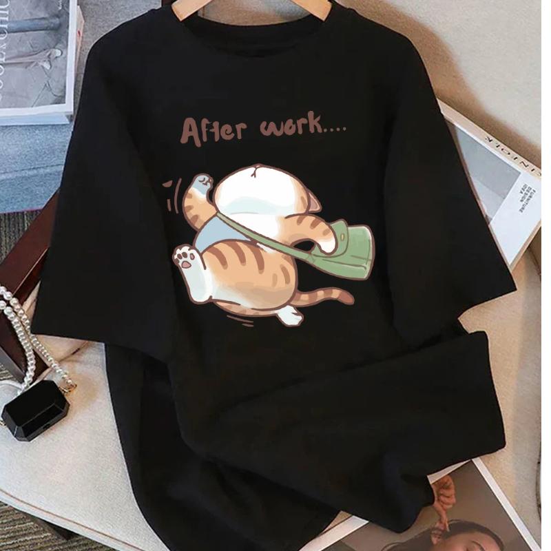 Women T-Shirt Cotton Summer The Cat That Always Wants To Sleep Pattern Prints T Shirt O-Neck Soft Loose Tops Basic Woman Clothes
