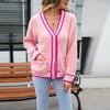 2023 Women's Casual Sweater Large Size Color Matching Pocket Coat V-neck Loose Sweater