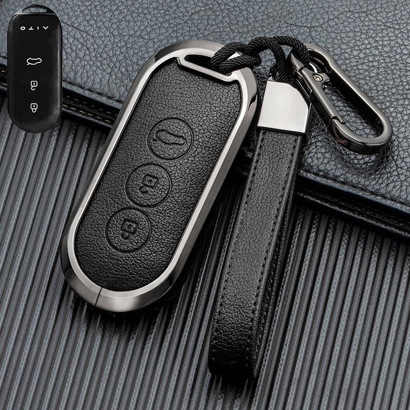 Business Style Double-Sided Leather Key Shell for AITO M7/M5 EV 2022 Model - Full Coverage Metal Car Key Case