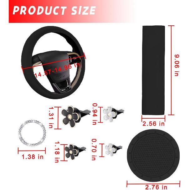 10PCS Car Accessories Set, Vehicle Steering Wheel Cover Seatbelt Protector Cup Holder Coaster Push Start Button Cover Flower Auto Air Vent Clip,
