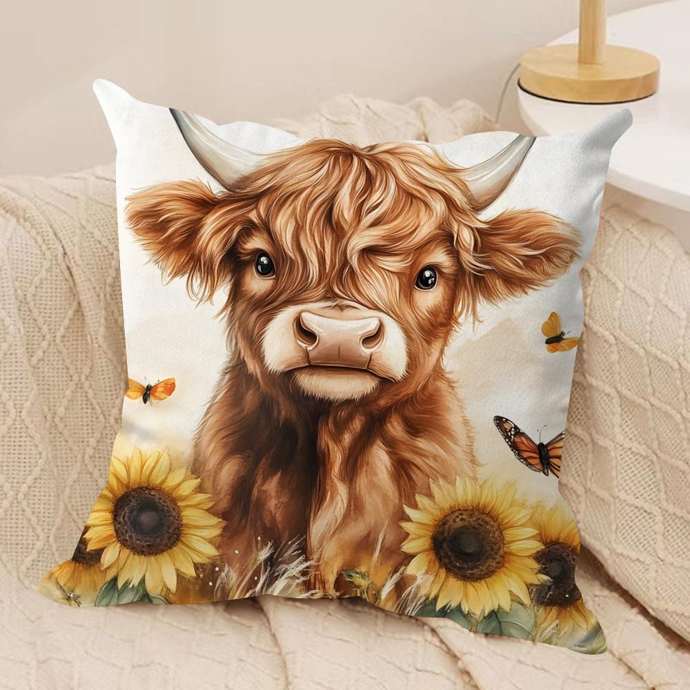 Cute Highland Cow Cushion Cover Soft Plush Fabric DoubleSided Printed Cushion Covers for All Seasons Modern HomeDecor Gift