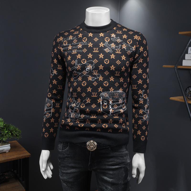 Męski zimowy europejski sweter z żakardowej wełny 2024 - Modny dzianinowy z okrągłym dekoltem, codzienna odzież