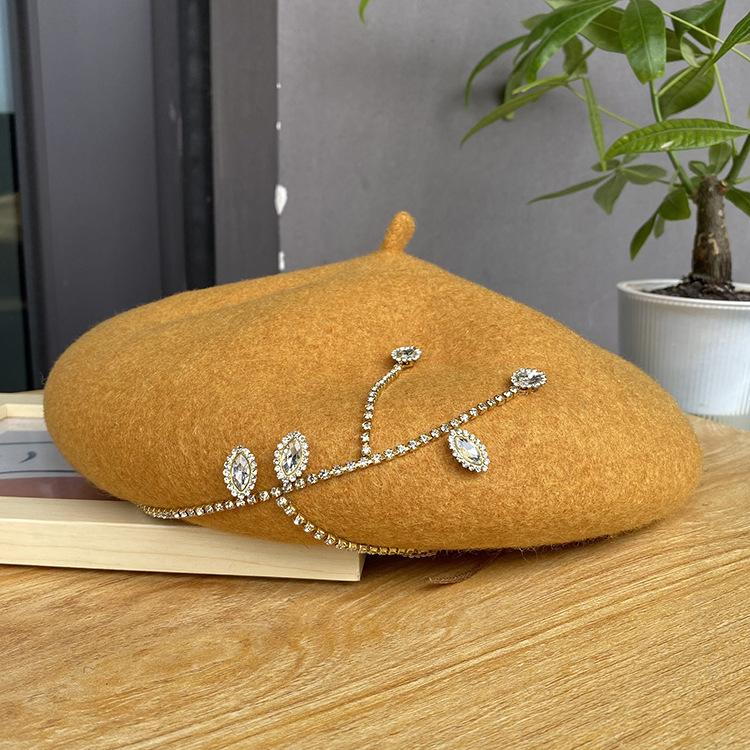 New Rhinestone Beret Fashionable Versatile Woolen Hat Autumn and Winter Three-dimensional Thickened Women's Painter Hat Tide