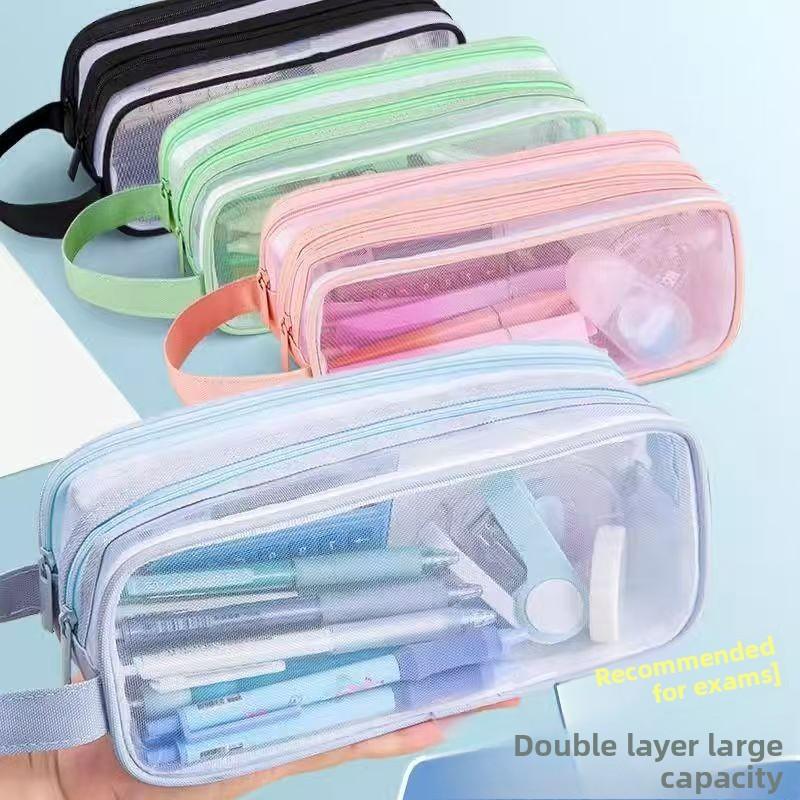 Student Double Layer Mesh Transparent Pencil Case With Large Capacity For School Use