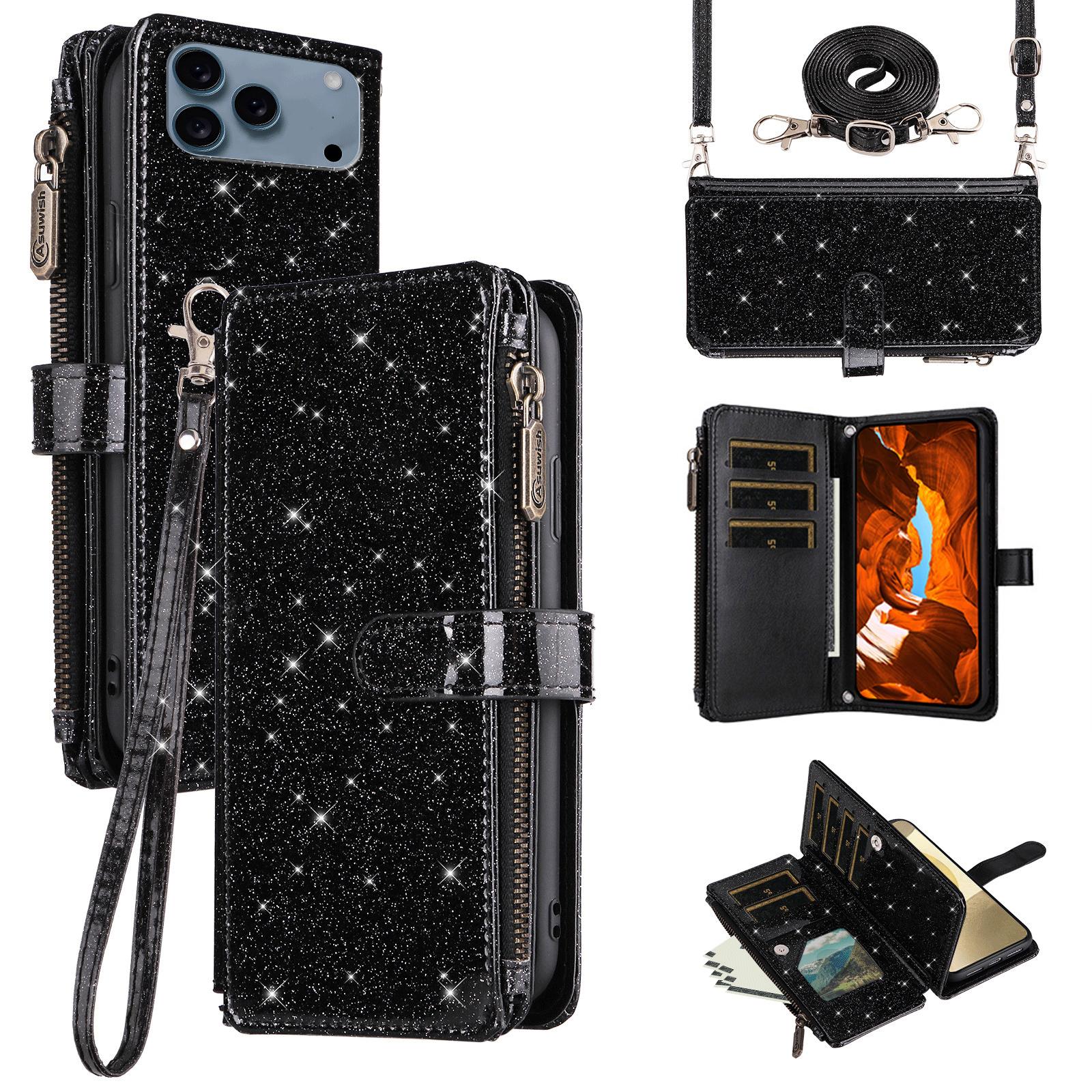 

ASUWISH For iPhone 17 Pro Max Case 10 Card Holder Glitter Leather Phone Cover with Crossbody Strap