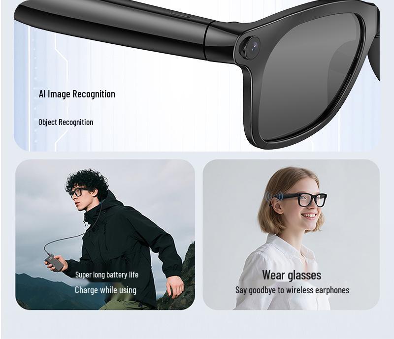 AI Smart Translation Glasses with 1200W Camera, Image Recognition, Recording, and Replaceable Myopia Lenses.