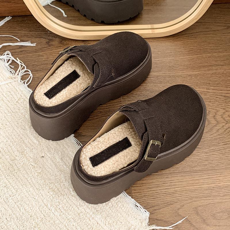 Suede Fluffy Slippers for Women To Wear New Winter Plush Thick-soled Bag Head To Keep Warm Half Slippers Are Fashionable