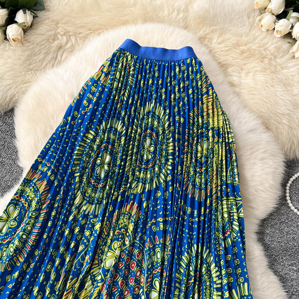 Spring Summer Women Elegant Print Elastic Waist Long Maxi Holiday Beach Pleated Skirt Only Have One Size