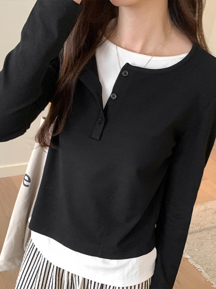 Women's Ribbed Cotton Slim Fit Two-Piece Look Long Sleeve Base Layer Top