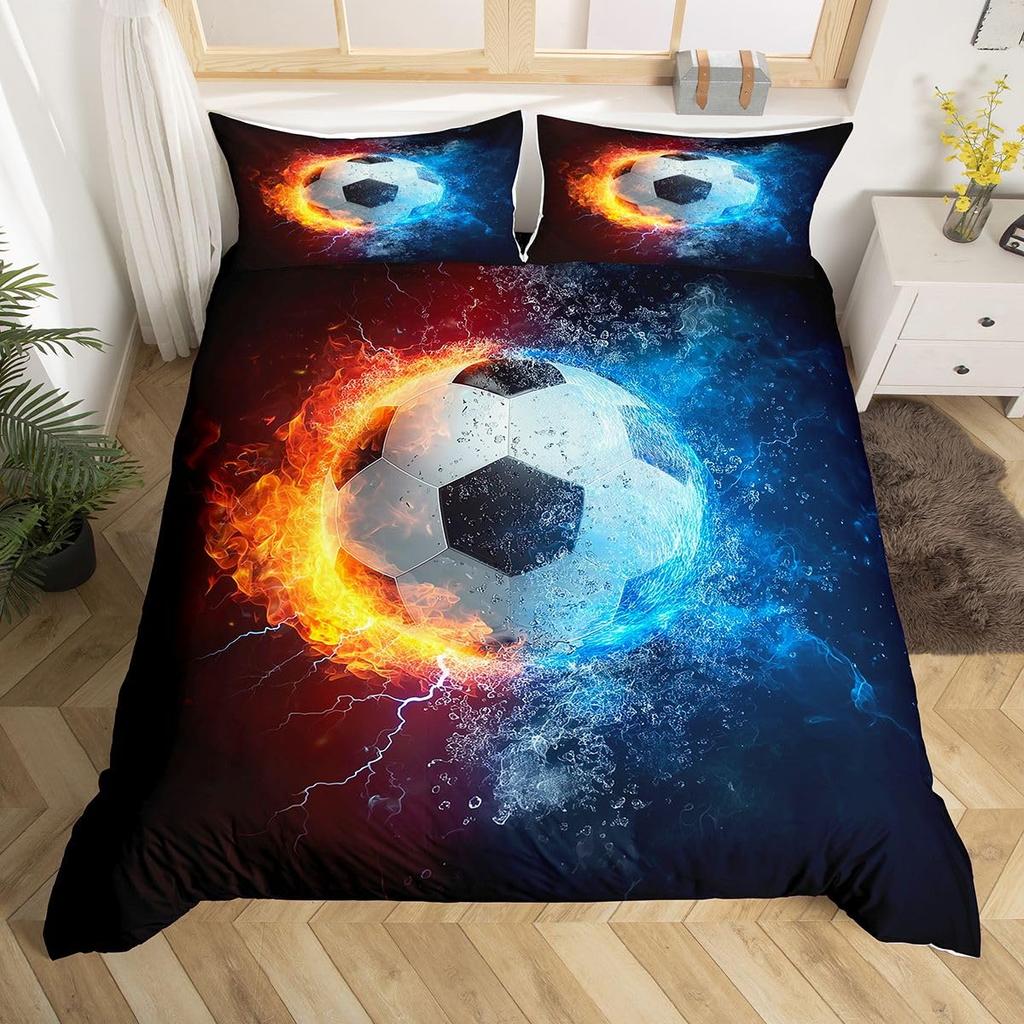 3D Soccer Duvet Cover Set Boys Football Bedding Set Ball Sport Theme Comforter Cover Polyester Geometric Hexagon Bedspread Cover