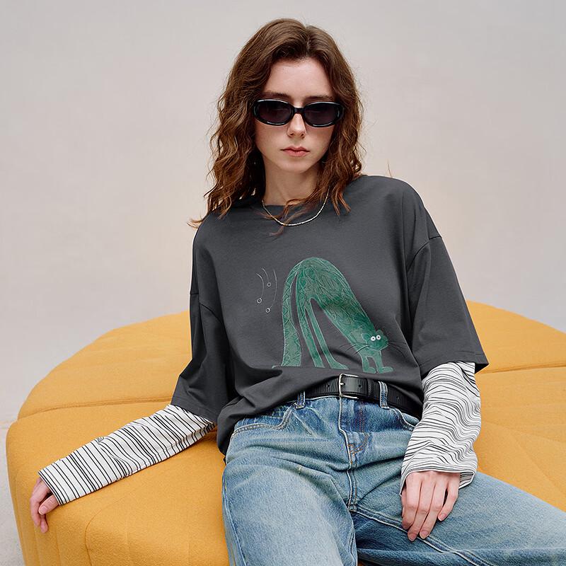 Chuyu Faux Two-Piece Striped Lyocell Cotton Long Sleeve T-shirt