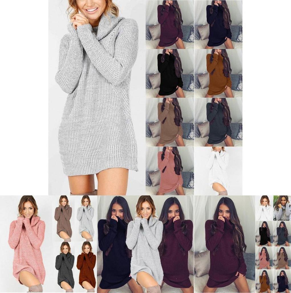 Eleganter Damen Warmer Strickpullover Mini Kleid mit Rollkragen Grober Pullover Top