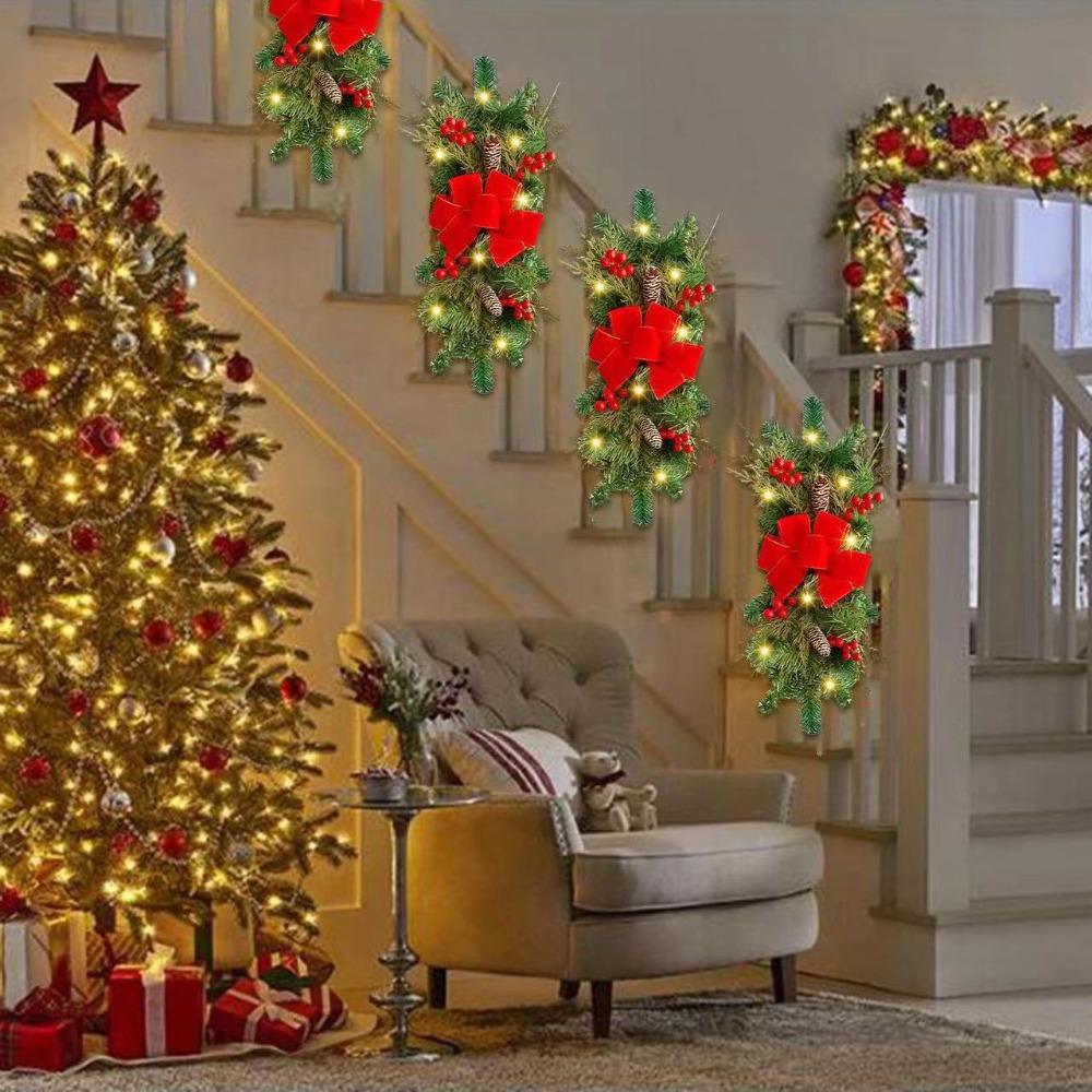 LED Door Decoration Red Rattan Bow Staircase Wreath Cute Christmas Wreath  Christmas