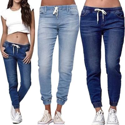 Women Solid Color Drawstring Ankle Tie Slim Stretchy Jeans Plus Size Denim Pants