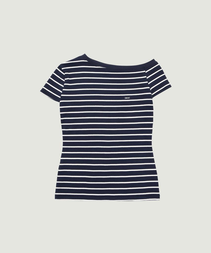GROVE Sera Stripe Off-Shoulder T-Shirt (Navy)
