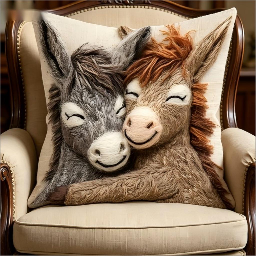 Süße Esel-Paar Kissenbezug 2D Faux-Stickerei Druck Umarmendes Bauernhoftier Kissenhülle Für Sofa Bett Couch Gemütliches Rustikales Zuhause