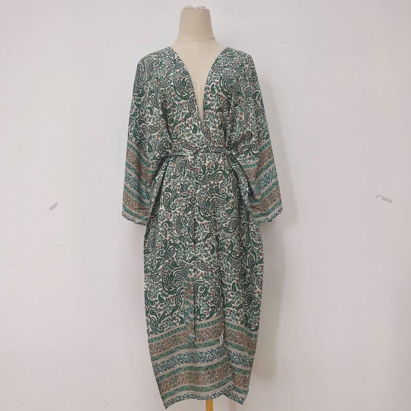 Womens Cotton Printed Beach Cover Up Dress With Waist Tie UPF Sun Protection Kimono Style Swimwear Set