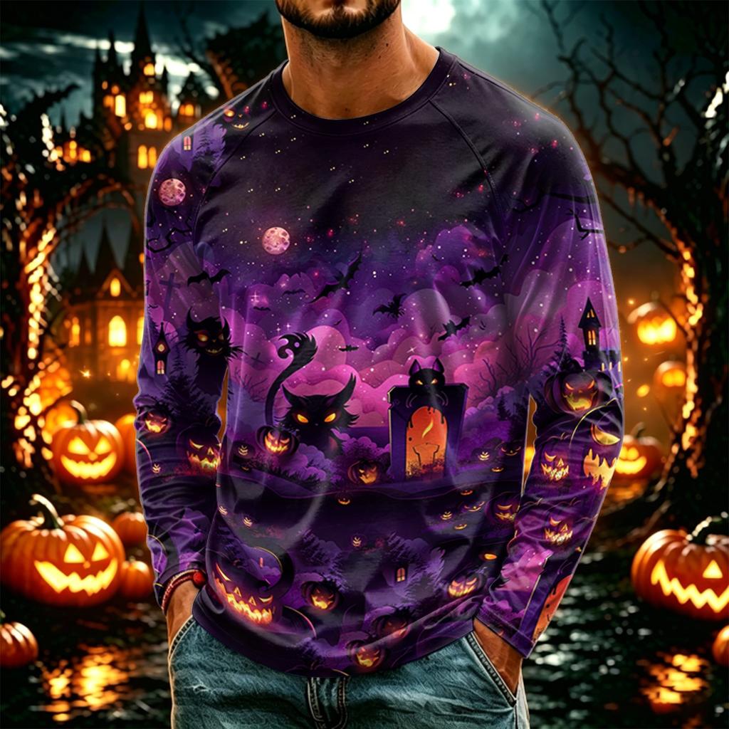 Men's Casual Halloween Print Neck Long Sleeve T-Shirt Lightweight for Daily Wear