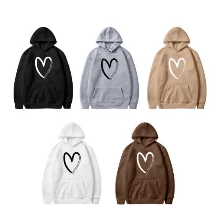 Oversized Fleece Lined Sweatshirt Women Long Sleeve Hoodies Fall Pullover Top with Pocket Heart Print Drawstring