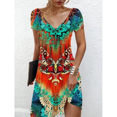 Vestido de Verão Feminino de Praia Decote V Casual Estampado Floral Manga Curta