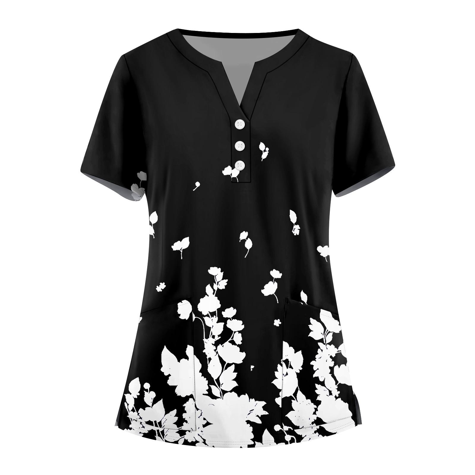 

Женская мода, рабочая одежда с v-образным вырезом, короткими рукавами и карманами, топы с принтом, летние топы для женщин L чёрный