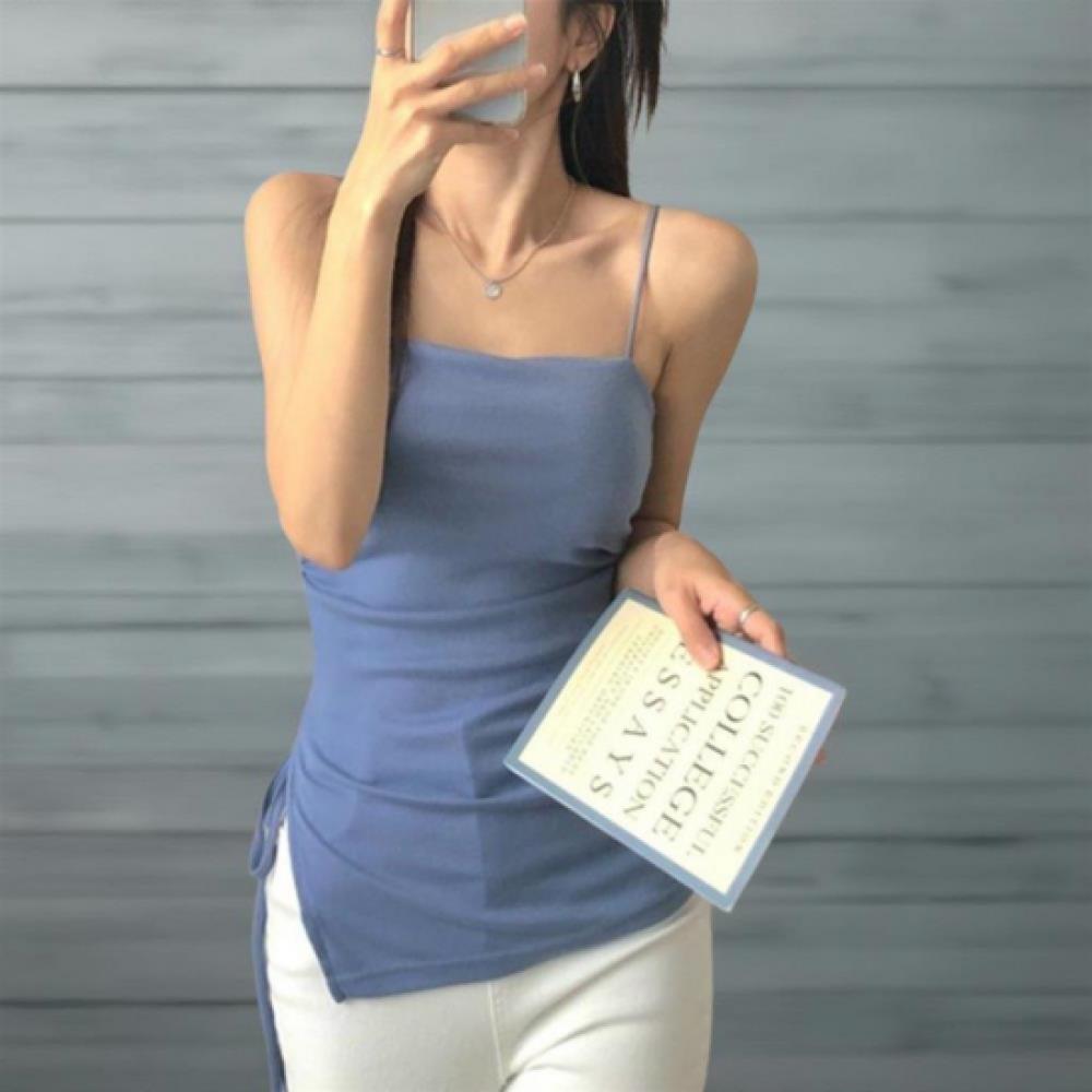 New Arrivals Open Run Women Ribbon Strap Asymmetric Cut Sleeveless Slimfit Shirr