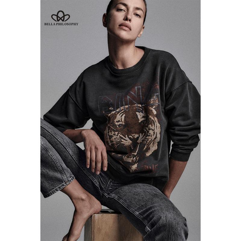 Autumn and Winter Tiger Head White Ink Do Old Sweater Women Casual Coat Sweater Women's High Quality Sweater