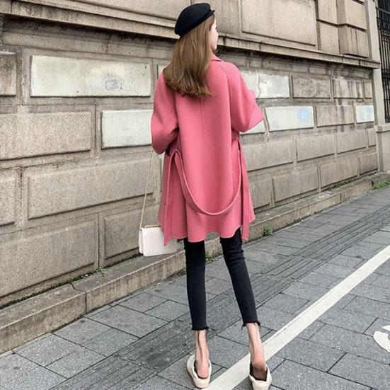 Fall Winter Women Woolen Jacket Thick Loose Turn-down Collar OL Commuting Jacket Double-breasted Mid Length Korean Style Overcoat Outerwear