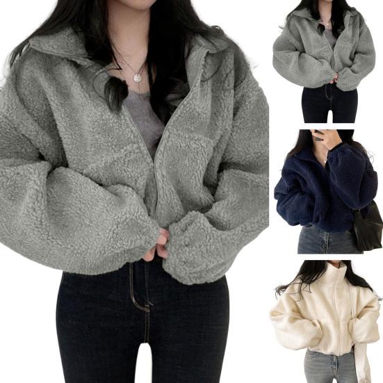 Dámské zimní kabát Tlustý fleece Stojáček Ochrana krku Zip Krátký typ Cardigan Dlouhé rukávy Svrchní oděvy odolné proti chladu Školní Outdoorová bunda