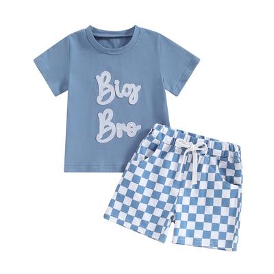 Kleinkind Jungen Sommeroutfits Buchstabenstickerei Kurzarm T-Shirt und Schachbrettmuster Shorts für 2-teiliges Kleidungsset