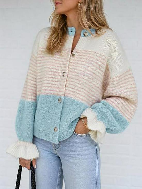 2026 European and American Color Block Striped Knit Cardigan for Women - Loose, Lazy Style Sweater Coat for Autumn/Winter
