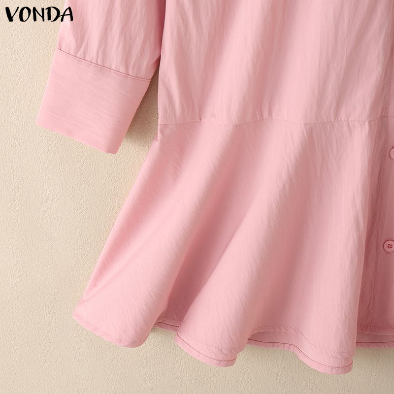 VONDA Women Lapel Neck Long Sleeve Solid Button Down Casual Ruffled Shirts Dress