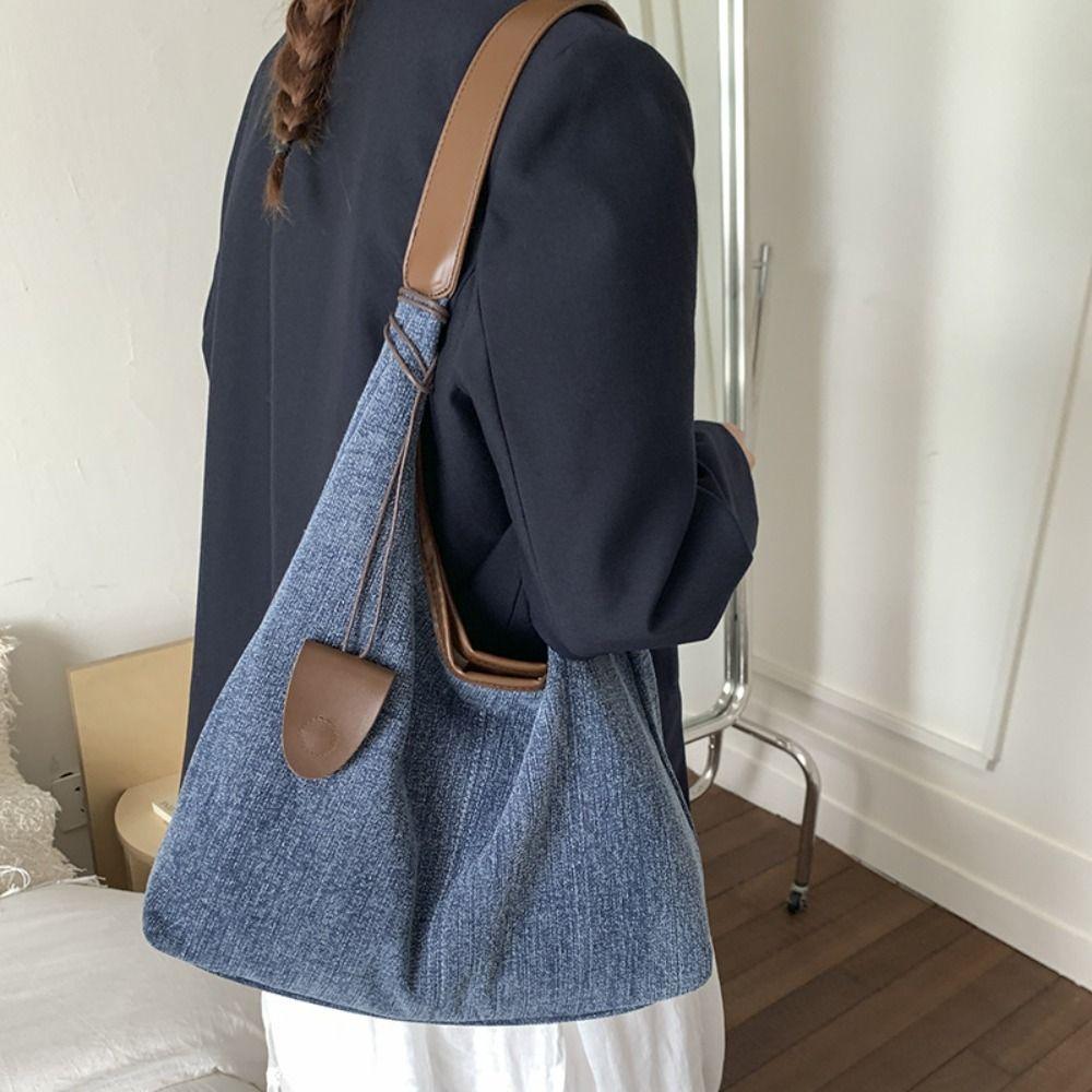 Harajuku Denim Tote Bag Korean Style Commuting Underarm Bag Leisure Canvas Shoulder Bag  Lady
