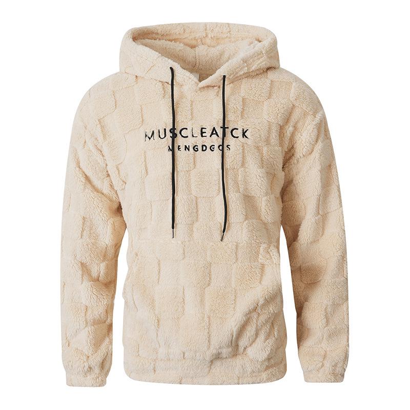 2025 Autumn/Winter Men's Embroidered Fur Hoodie with Drawstring