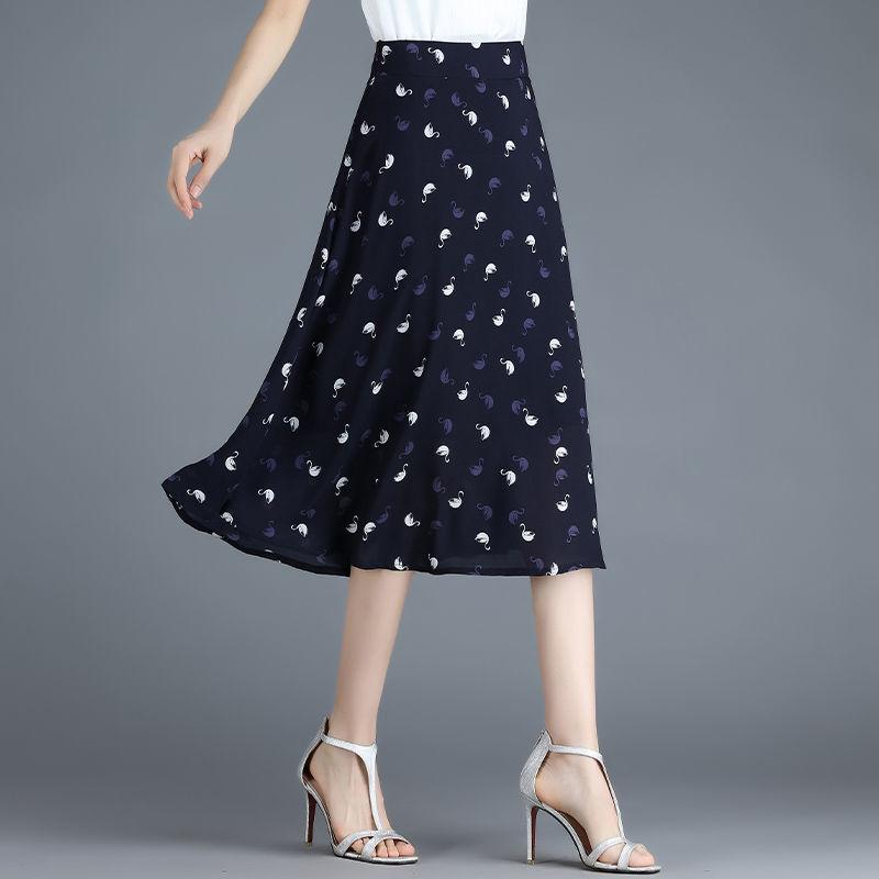 Women's Summer Floral Chiffon A-line Skirt High Waist Slimming Mid Length Pleated Skirt Skirt