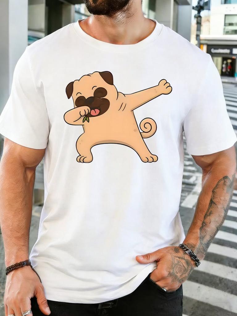 Mens Navy Crew Neck Tee Dancing Pug Dog Cartoon Graphic Print Loose Summer Street Casual Daily