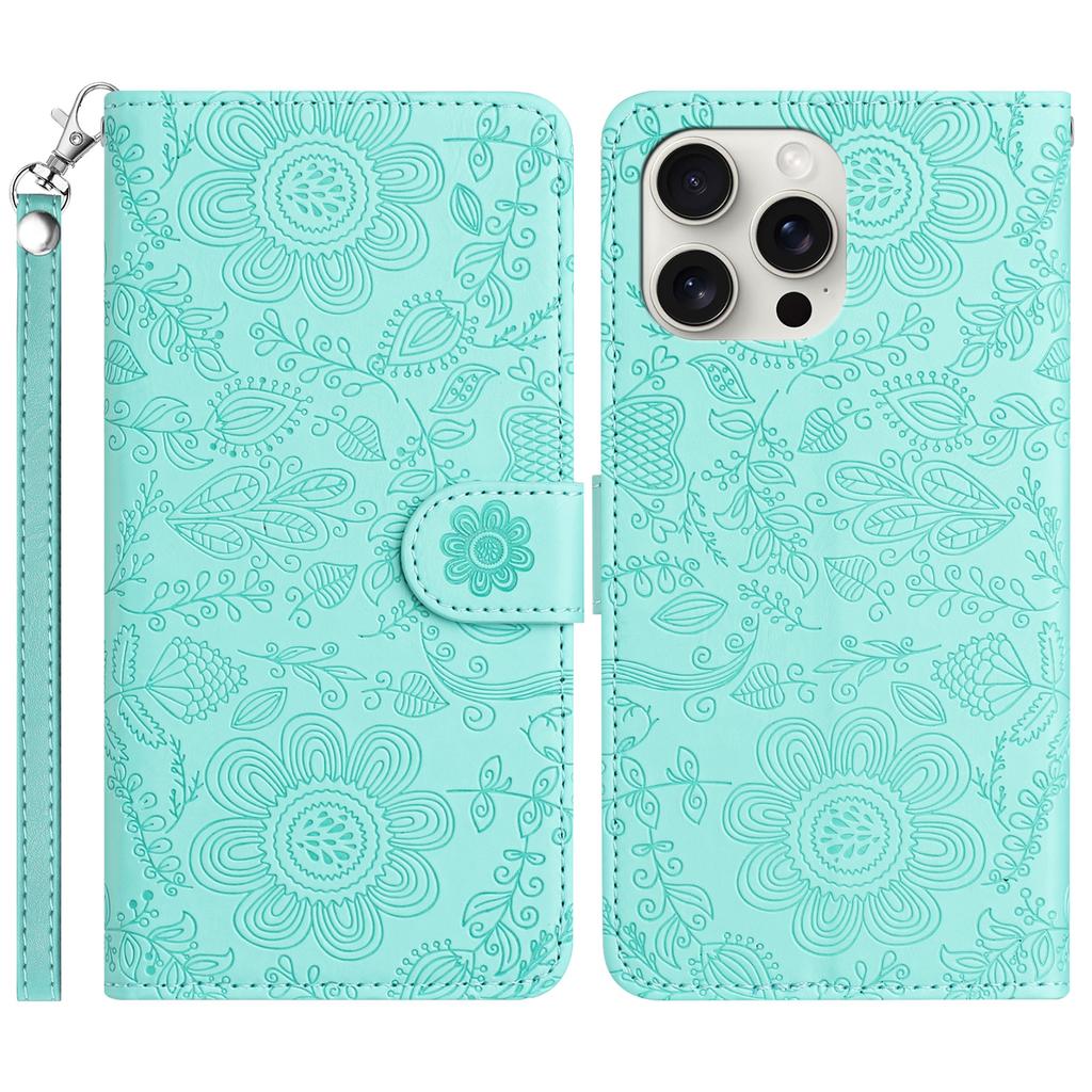 For iPhone 13 Pro Max Case Flower Imprint Leather Flip Wallet Phone Cover with Wrist Strap