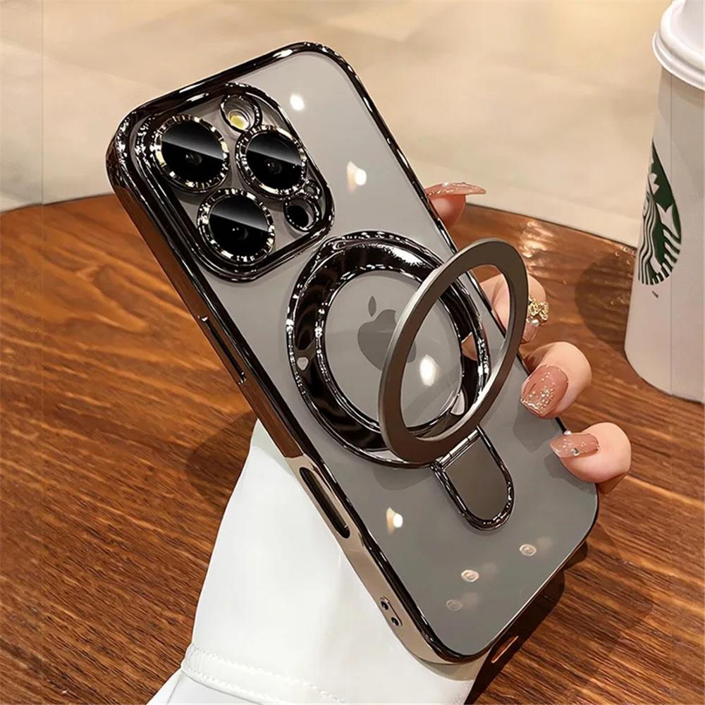 Luxury Transparent Plating Case For iPhone 16 Pro Max 16 Plus 14 13 12 11 15 Pro Max For Magsafe Magnetic Ring Stand Phone Cover