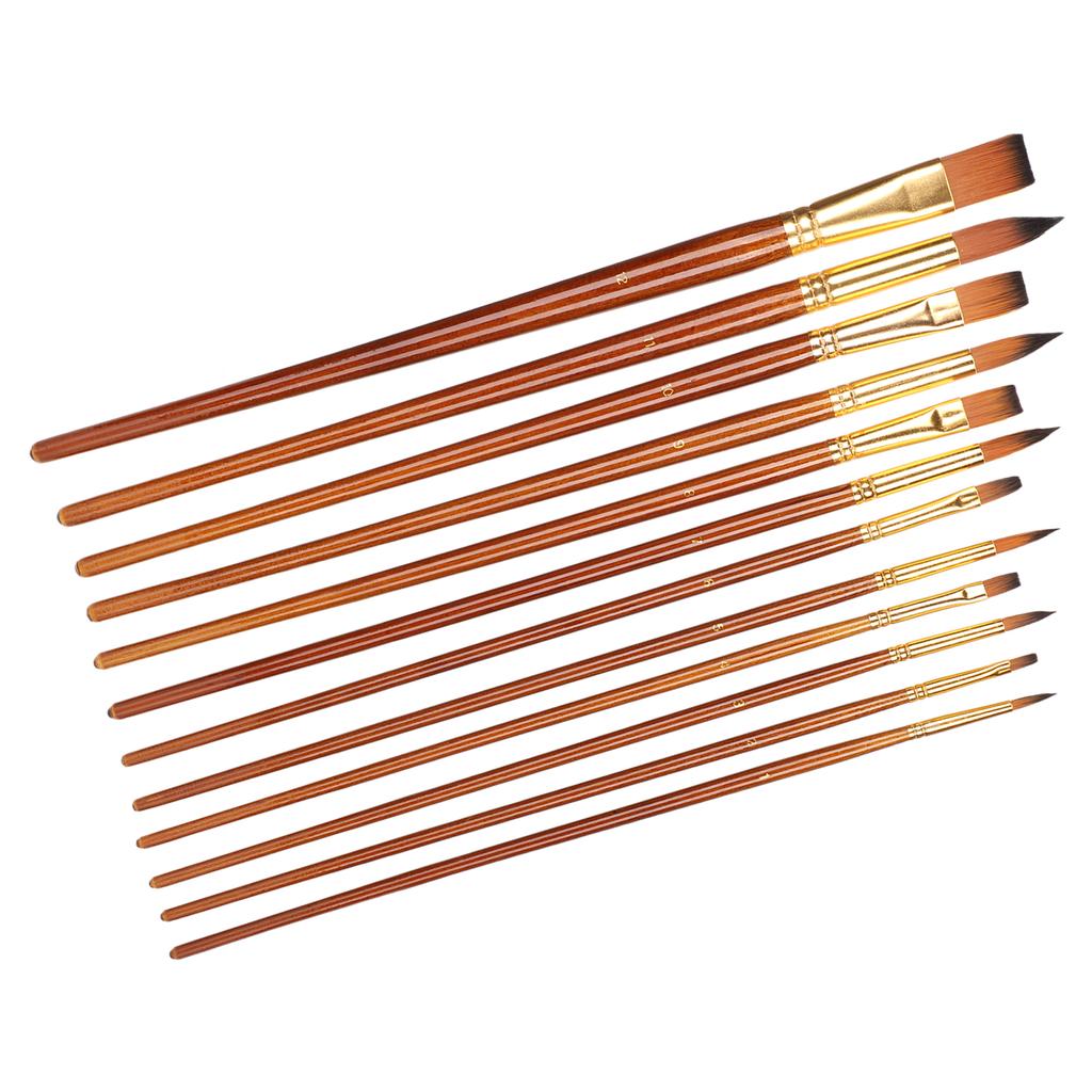 12Pcs Paint Brushes Set Long Handle Nylon Hair Oil Painting Drawing Tool Art Supplies