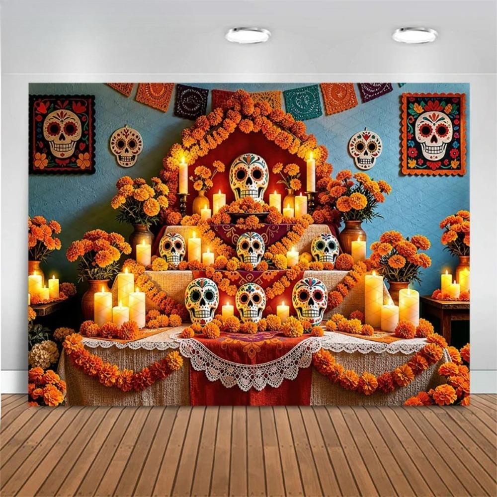 Mexican Sugar Skull Marigold Altar Theme Banner Decoration Background Halloween Party Home Decoration Photography Background