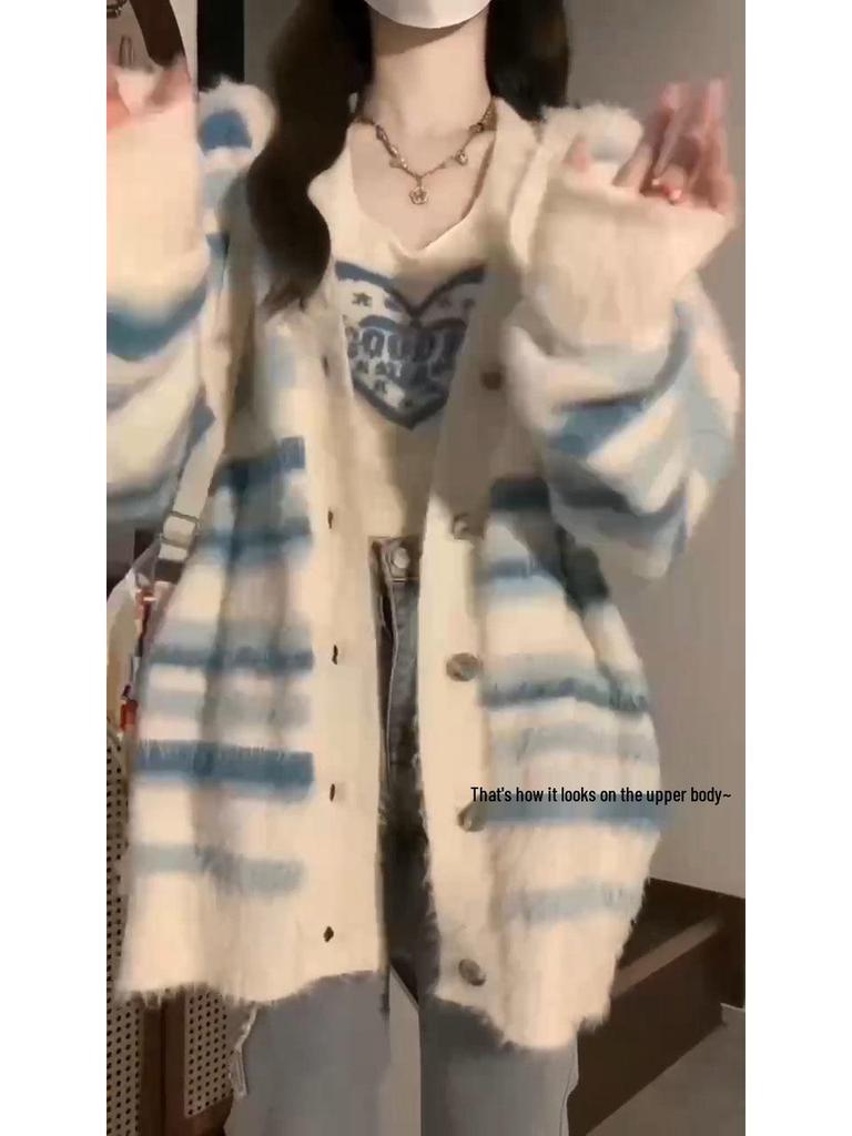 Damen Streifen-Cardigan-Set - Zweiteiliger Lazy-Stil, lockere Passform, weicher Strick für Frühling und Herbst